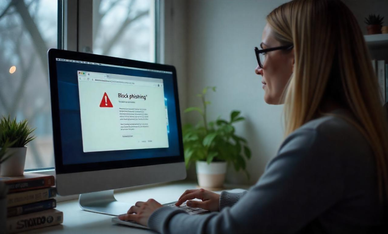 Mujer con gafas revisa en su escritorio un aviso de bloqueo de phishing (‘Block‑Phishing’) en su ordenador, resaltando la protección de dominios y ciberseguridad de INTELISOC.CENTER.