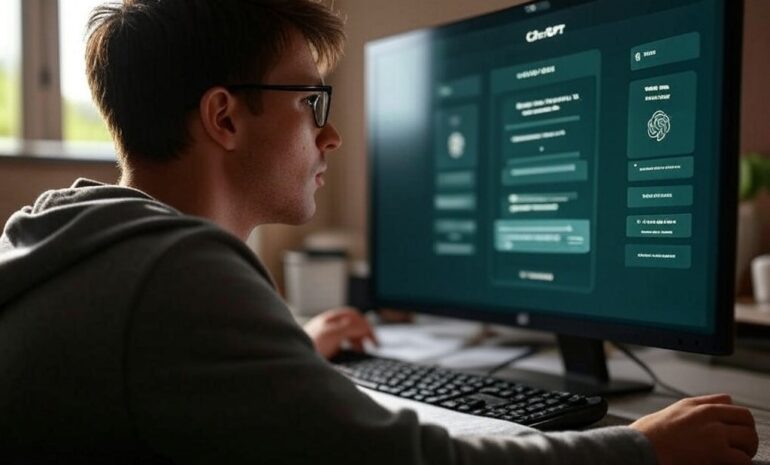 Empleado revisando notificación de posible fraude de IA en la oficina.