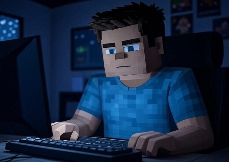 Imagen de un gamer usando una computadora con Minecraft abierto mientras aparecen alertas de virus en pantalla. Representa la amenaza de malware disfrazado de mods populares, como Oringo y Taunahi, distribuido por atacantes a través de GitHub. Ideal para ilustrar temas de ciberseguridad en videojuegos, amenazas a usuarios jóvenes, y riesgos digitales en comunidades gamer. Optimizada para SEO en contenidos sobre malware, seguridad informática y Minecraft.